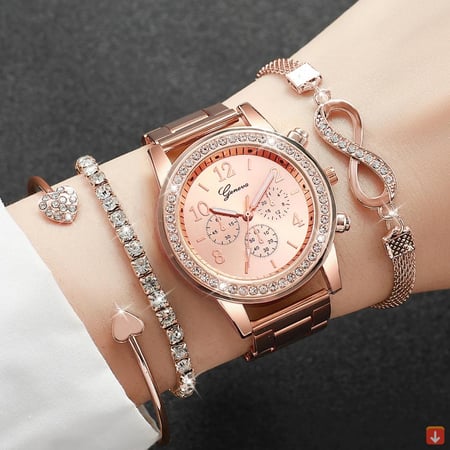 4 قطعة/المجموعة أزياء حجر الراين النساء الساعات الفاخرة الصلب الفرقة السيدات كوارتز ساعة أساور مجموعة Reloj Mujer (بدون صندوق)