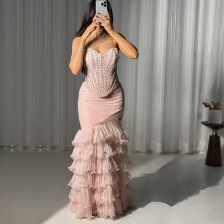 فساتين القماش صدريه تل مطرز تنوره تل طبقات