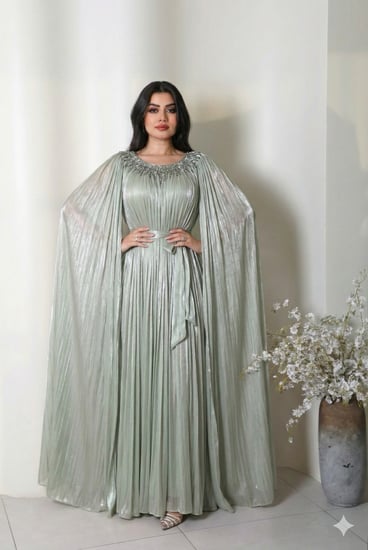 جلابية  ملكية بكسرات انسيابية وتطريز علوي فاخر من ريڤــان