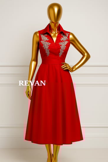 فستان سهرة ميدي أحمر مطرز تصميم راق يبرز جمالك من ريــفان