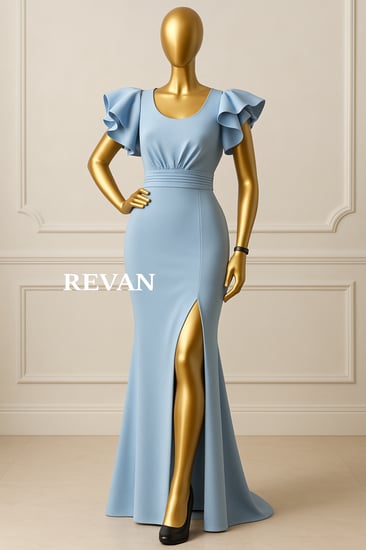 فستان فاخر سماوي بأكمام كشكش أنيقة وشق جانبي راق