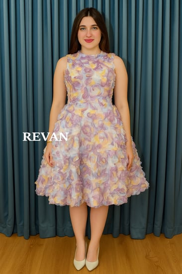 فستان ميدي فاخر وردي بنفسجي من ريفان بنقشة 3D