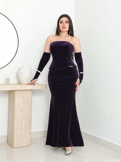 فستان سهرة مخمل  بقصة مستقيمة مع أكمام منفصلة من ريڤــان