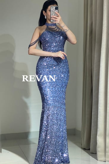 فستان سهرة ترتر فاخر بحمالات متدلية