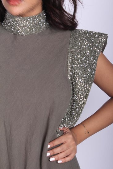 جلابية لينن زيتي مشغول