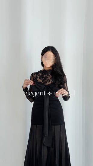 صورة فستان ناعم أسود دانتيل وشيفون بتصميم سهرة أنيق من إلجنت