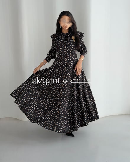 فستان كحلي طويل بنقشة زهور وربطة عنق – موديل Elegent