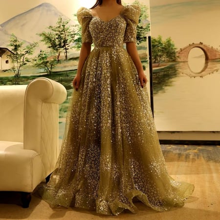 فستان سهره انيق مشغول بالكامل بخرز لامع مع اكمام بلونين جذابه