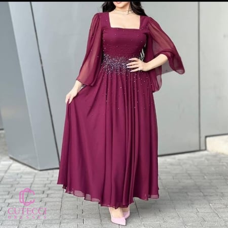 فستان سهرة عودي برغندي فصوص كمبيوتر | فساتين ناعمه فخمة من كيوتشي CUTECCI