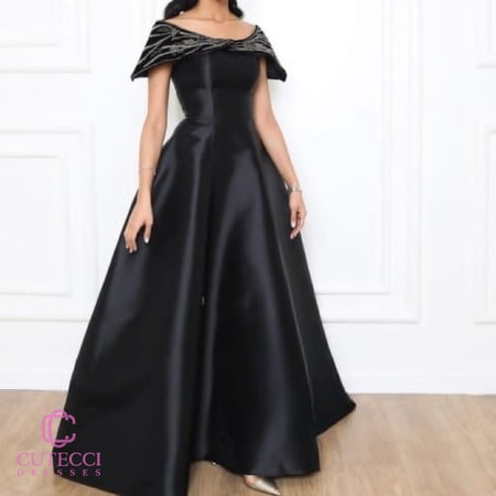 فستان سهرة اسود اوف شولدر مطرز فاخر