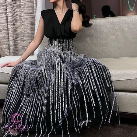 فستان اسود سهرة بتطريز عصري فخم للمناسبات