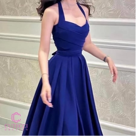 فستان سهرة نيلي علاقي بحزام وتفاصيل تب