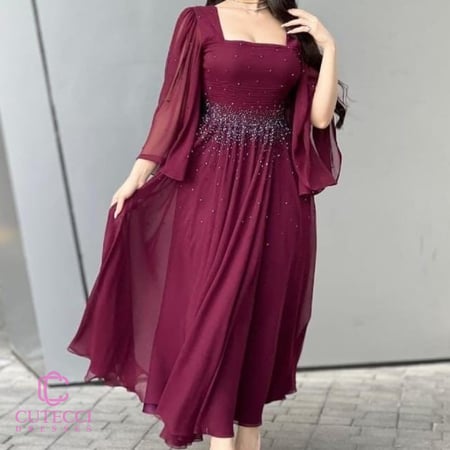 فستان سهرة عودي برغندي فصوص كمبيوتر | فساتين ناعمه فخمة من كيوتشي CUTECCI