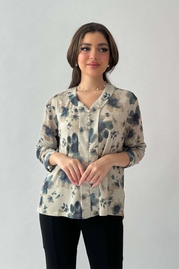 بلوزة تل بطبعة ورود لون كحلي