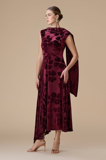 فستان برغندي ميدي بوشاح كتف أنيق