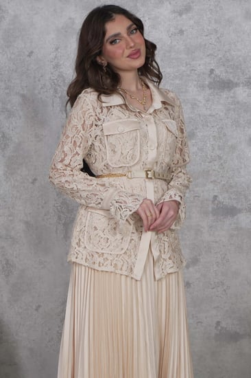 طقم تنورة وبلوزة بحزام لون بيج