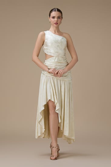 فستان ميدي سكري بتصميم كتف واحد وقصة غير متماثلة