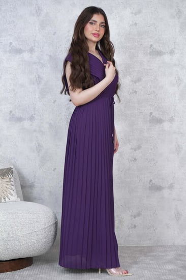 فستان شيفون طويل بليسيه لون بنفسجي