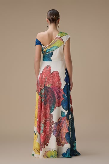 فستان سكري طويل بطبعة زهور بتصميم كتف واحد