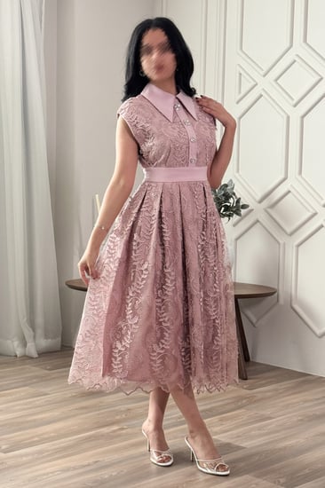 فستان دانتيل ميدي كلاسيك لون وردي