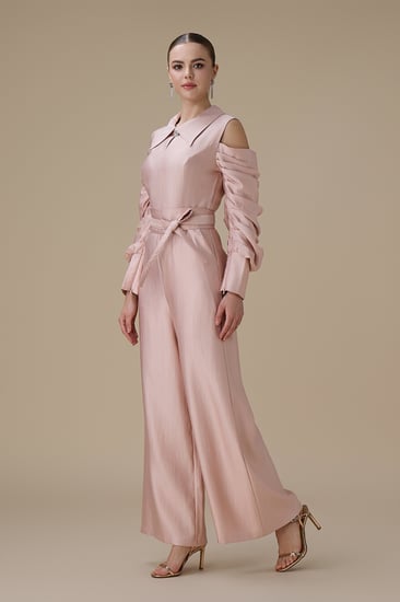 جمبسوت وردي أكمام مكشوفة ببقصة بنطال واسع