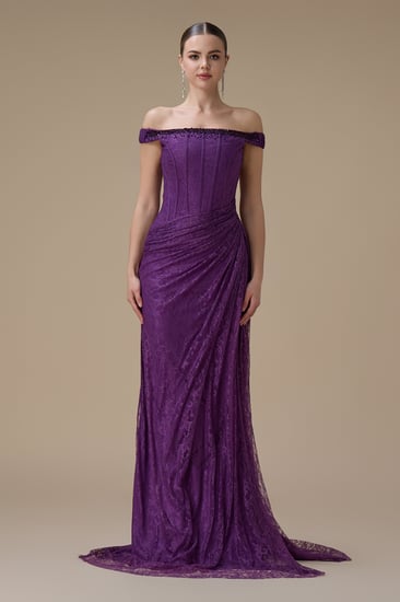 فستان دانتيل موف طويل أوف شولدر