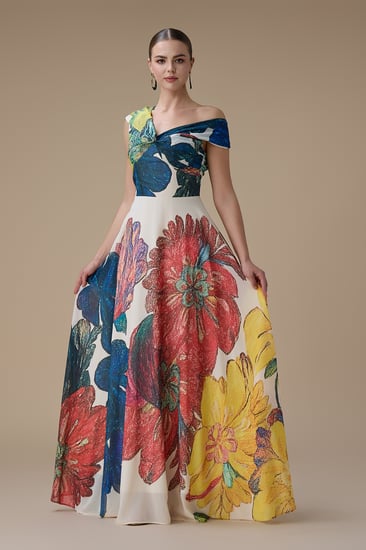 فستان سكري طويل بطبعة زهور بتصميم كتف واحد