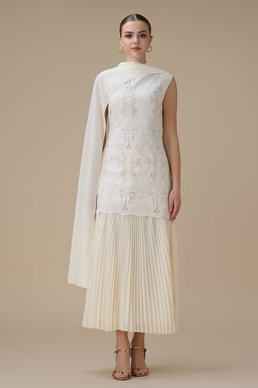 فستان ماكسي سكري بليسيه ووشاح انيق