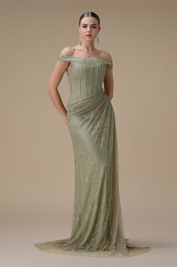 فستان دانتيل أخضر طويل أوف شولدر