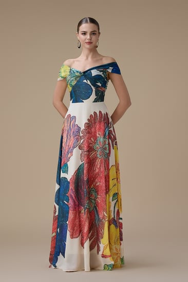 فستان سكري طويل بطبعة زهور بتصميم كتف واحد