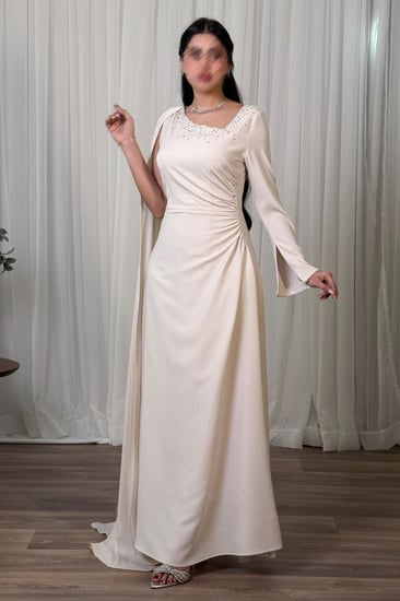 فستان ماكسي بوشاح كيب لون بيج