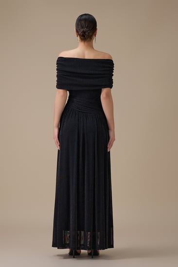فستان اسود طويل أوف شولدر درابيه