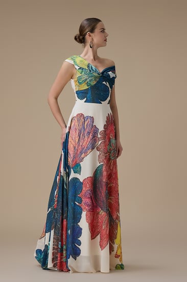 فستان سكري طويل بطبعة زهور بتصميم كتف واحد