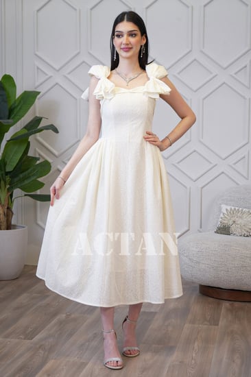 فستان ميدي بأكتاف فيونكة لون بيج