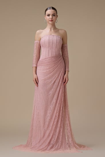 فستان دانتيل وردي طويل درابيه