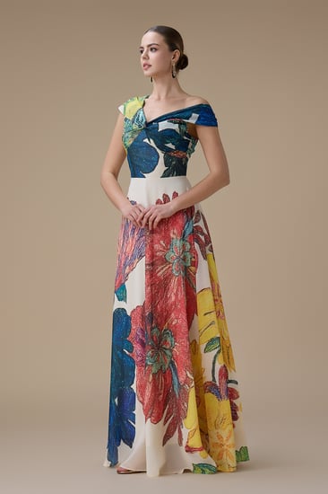 فستان سكري طويل بطبعة زهور بتصميم كتف واحد