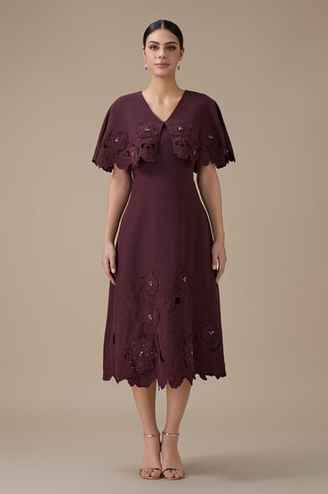 فستان ميدي عنابي بتطريز زهور