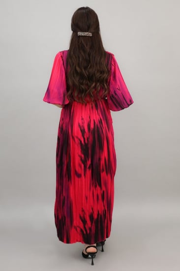 فستان ميدي باكمام بف مموج اللون