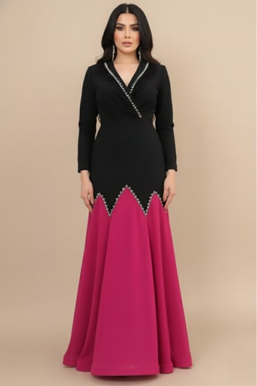 فستان سهره شوقر بلونين مطرز بكريستال لون فوشي