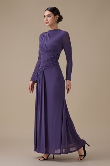 فستان طويل موف لامع بكسرات جانبية