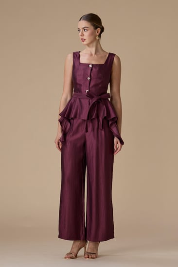 طقم برغندي قطعتين توب بدون اكمام ببلوم