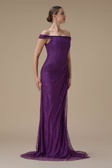 فستان دانتيل موف طويل أوف شولدر