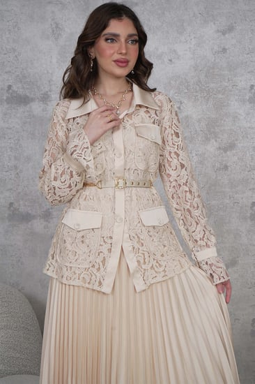 طقم تنورة وبلوزة بحزام لون بيج