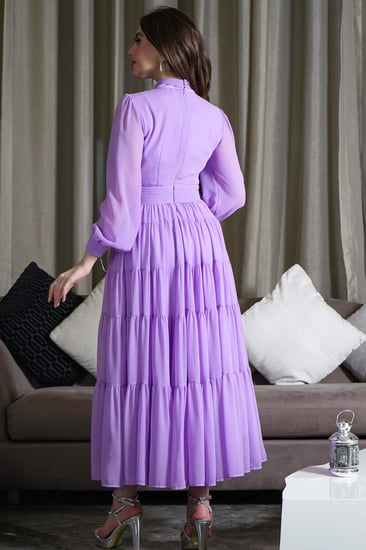 فستان ميدي شيفون بياقة عالية برباط لون موف فاتح