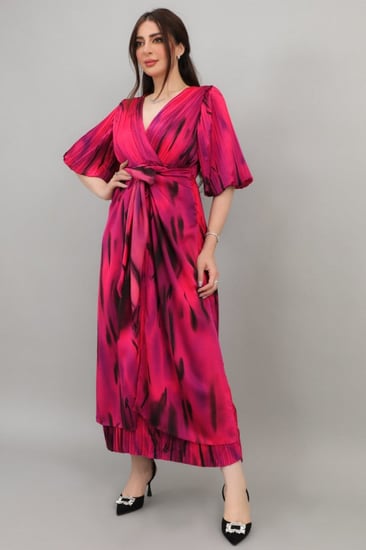 فستان ميدي باكمام بف مموج اللون