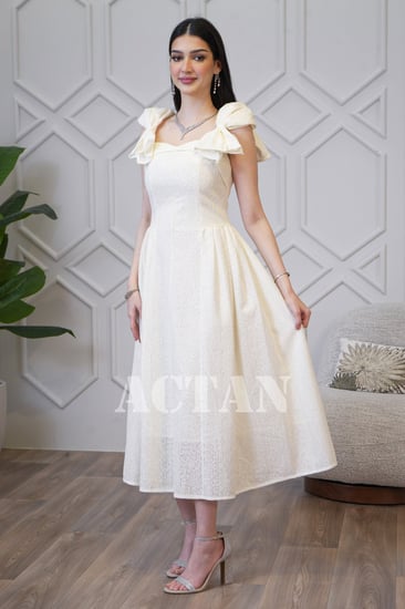 فستان ميدي بأكتاف فيونكة لون بيج