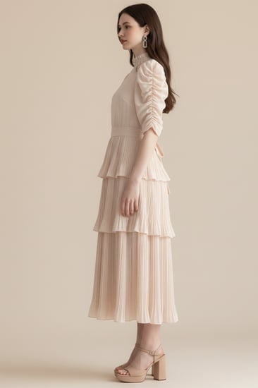 فستان بلاسيه طبقات بياقه مطرزه لون بيج