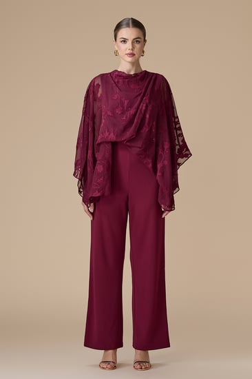 جمبسوت برغندي شيفون بكاب مطرز بالأزهار