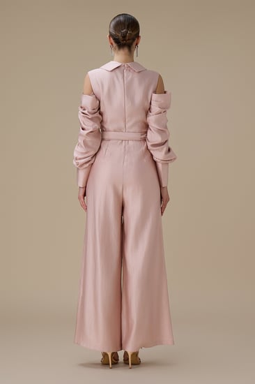 جمبسوت وردي أكمام مكشوفة ببقصة بنطال واسع