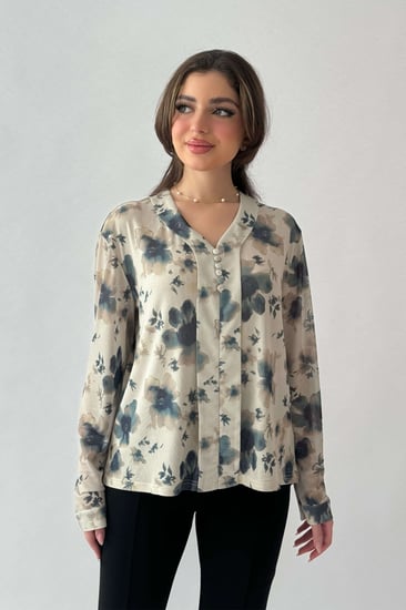 بلوزة تل بطبعة ورود لون كحلي